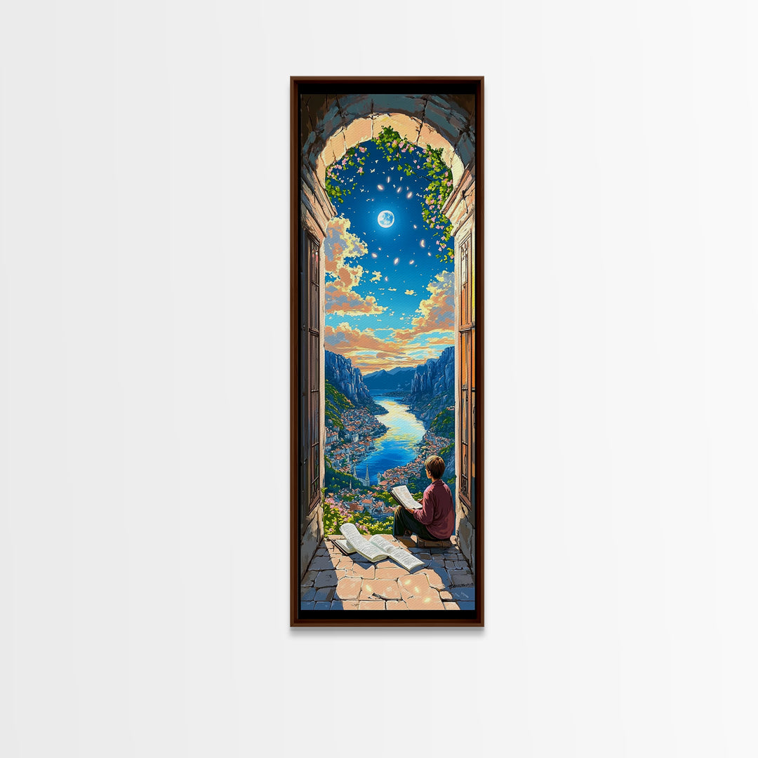 Reader In Arched Window Over Moonlit Valley Framed Canvas Print, Bookish Wall Art, Cozy Library Decor, Fantasy Art Print Gift