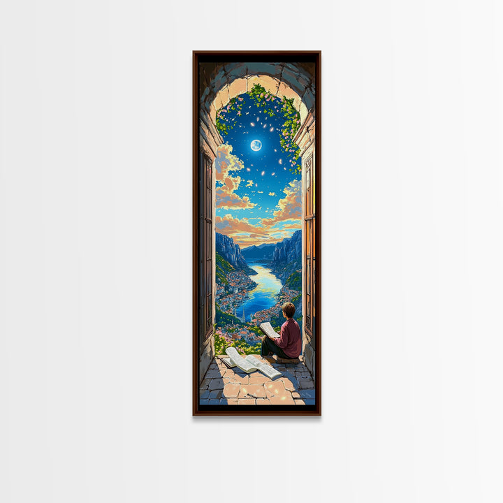 Reader In Arched Window Over Moonlit Valley Framed Canvas Print, Bookish Wall Art, Cozy Library Decor, Fantasy Art Print Gift