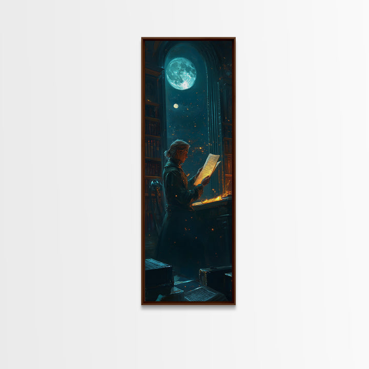 Moonlit Scholar Reading Ancient Scroll Canvas Print, Dark Academia Wall Art, Magical Library Decor, Book Lover Gift For Readers
