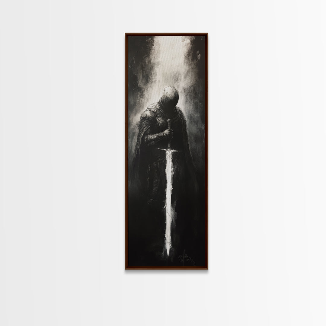 Hooded Knight With Glowing Sword Wall Art, Black And White Fantasy Print, Gothic Dark Academia Decor, Medieval Sword Art