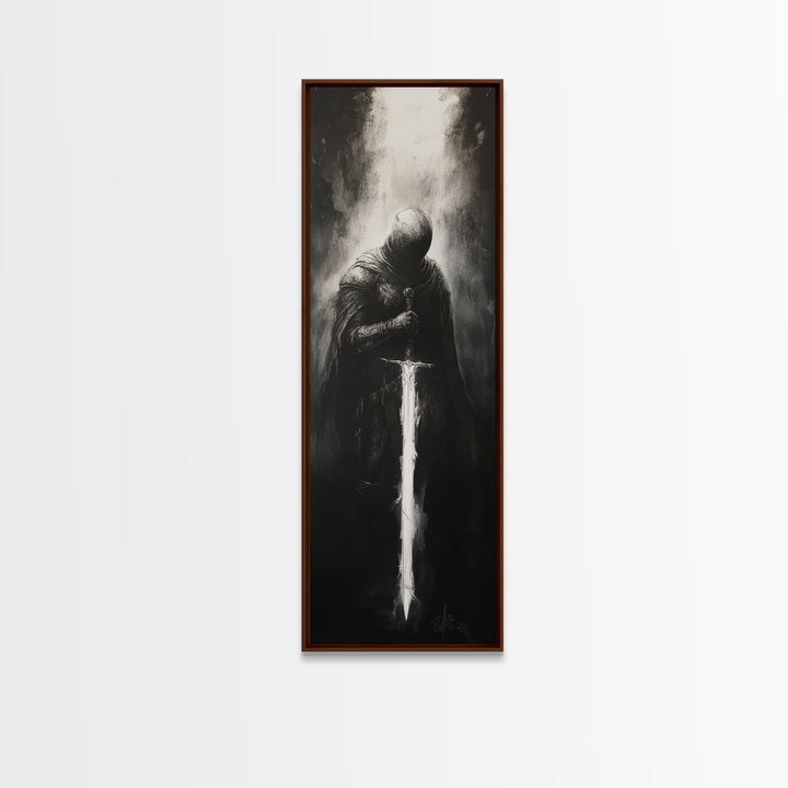 Hooded Knight With Glowing Sword Wall Art, Black And White Fantasy Print, Gothic Dark Academia Decor, Medieval Sword Art