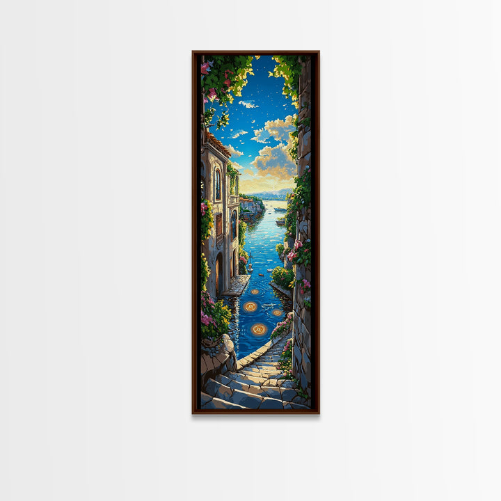 Sunlit Mediterranean Seaside Stairway Wall Art, Coastal Village Canvas Print, Italian Decor, Travel Poster, Beach House Gift