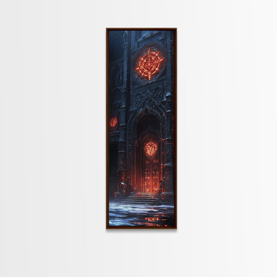 Glowing Gothic Cathedral Door Framed Canvas Print, Dark Fantasy Wall Art, Magical Architecture Decor, Occult Castle Poster