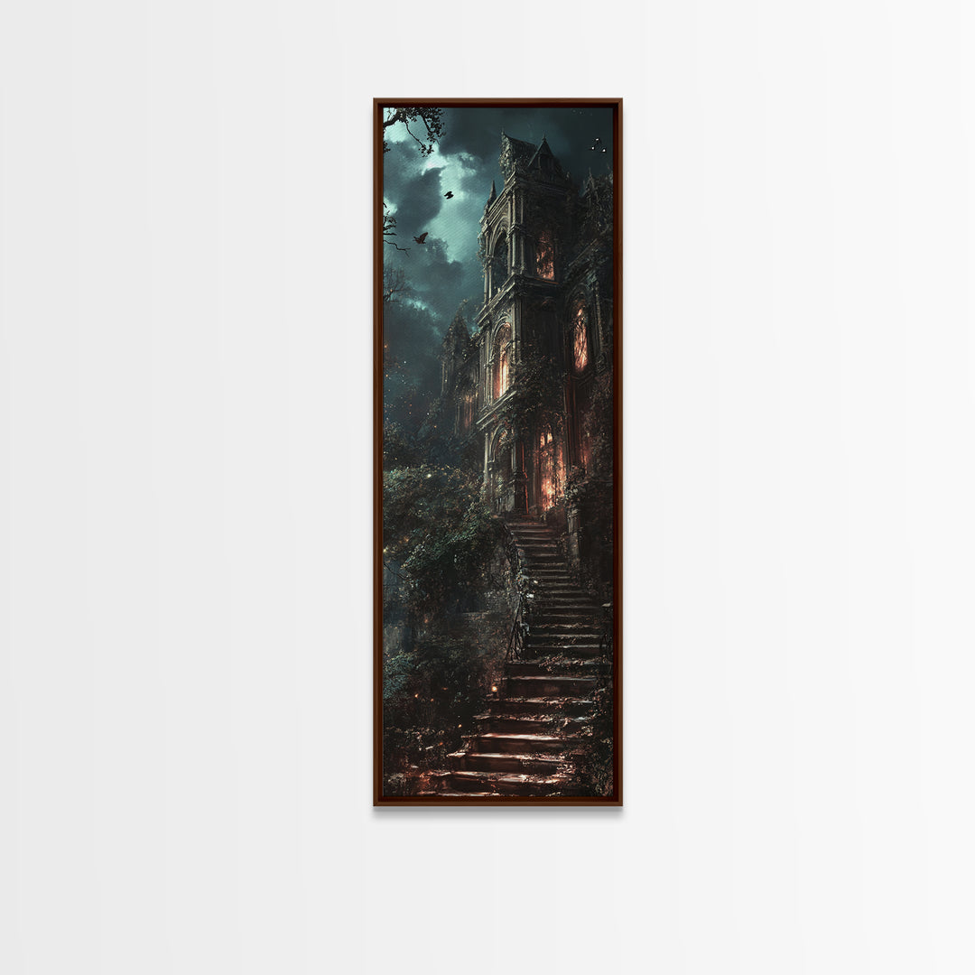 Haunted Gothic Mansion In Moonlit Forest Wall Art, Dark Academia Canvas Print, Spooky Castle Decor, Victorian Horror Gift