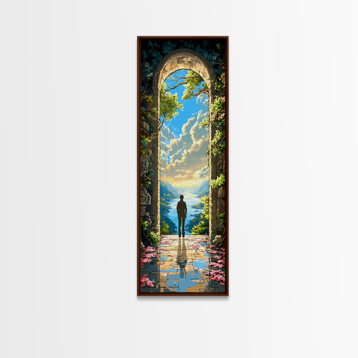 Solitary Figure In Sunlit Ocean Archway Framed Canvas Print, Coastal Fantasy Wall Art, Serene Landscape Decor Gift For Home