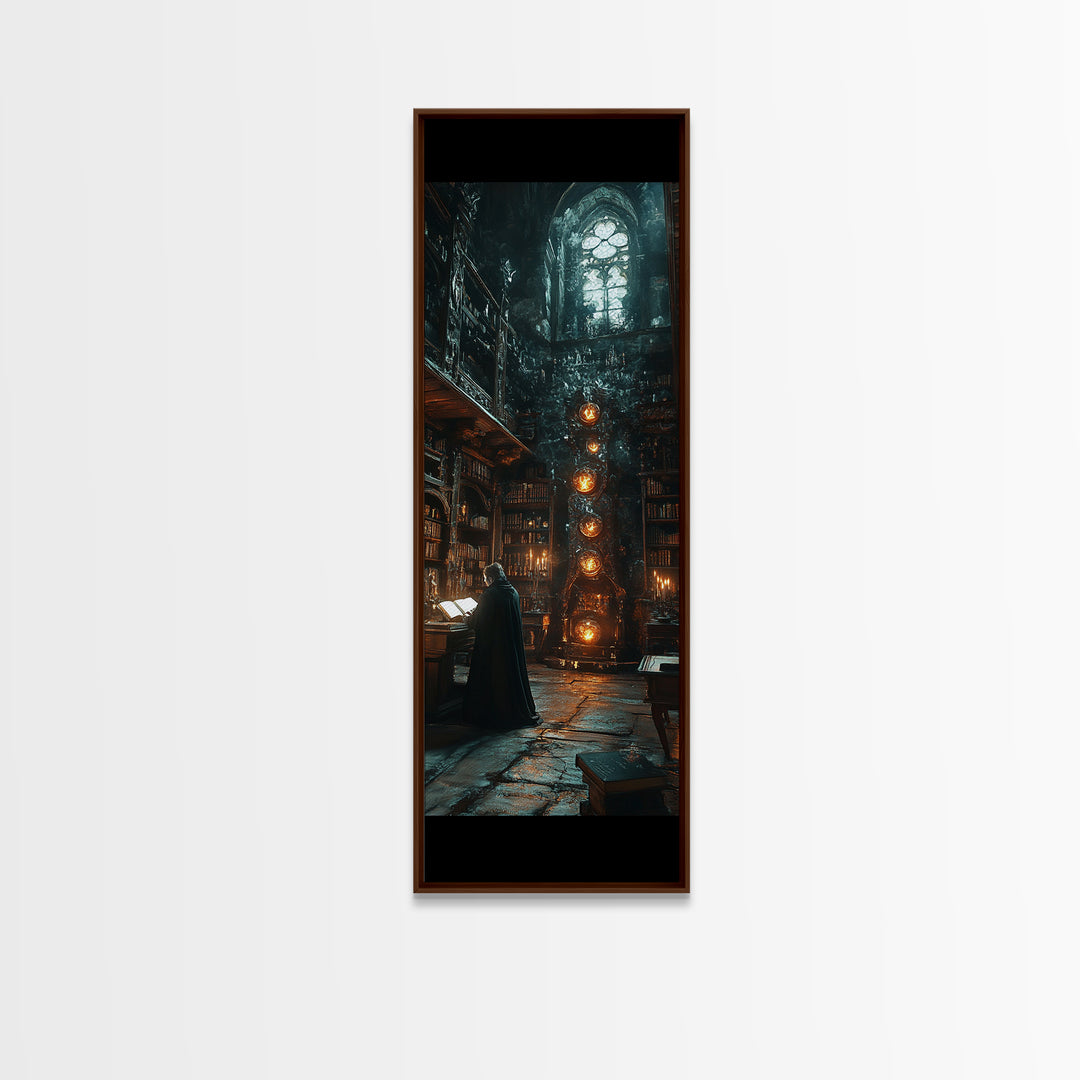 Dark Academia Magical Library Framed Canvas Print, Gothic Bookish Wall Decor, Wizard Study Artwork For Moody Reading Room