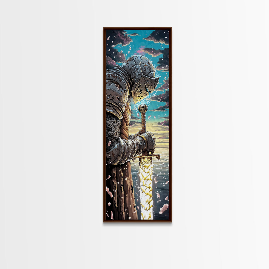 Weathered Knight With Glowing Sword Canvas Print, Medieval Fantasy Wall Art, Dark Academia Decor, Epic Warrior Artwork For Him