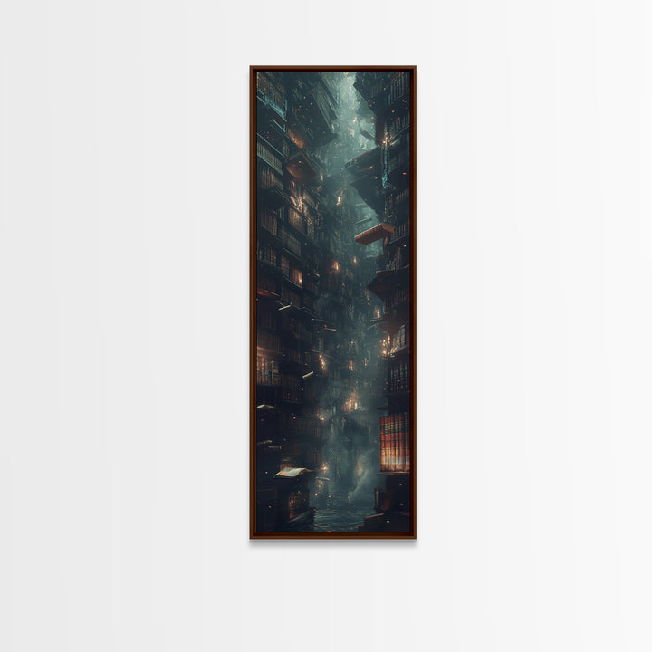 Towering Dark Library With Floating Book Wall Art, Moody Bookish Decor, Dark Academia Fantasy Print For Gothic Reading Nook