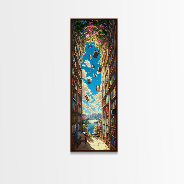 Blooming Library Arch With Floating Books Wall Art, Whimsical Book Lover Decor, Coastal Reading Nook Print, Colorful Art