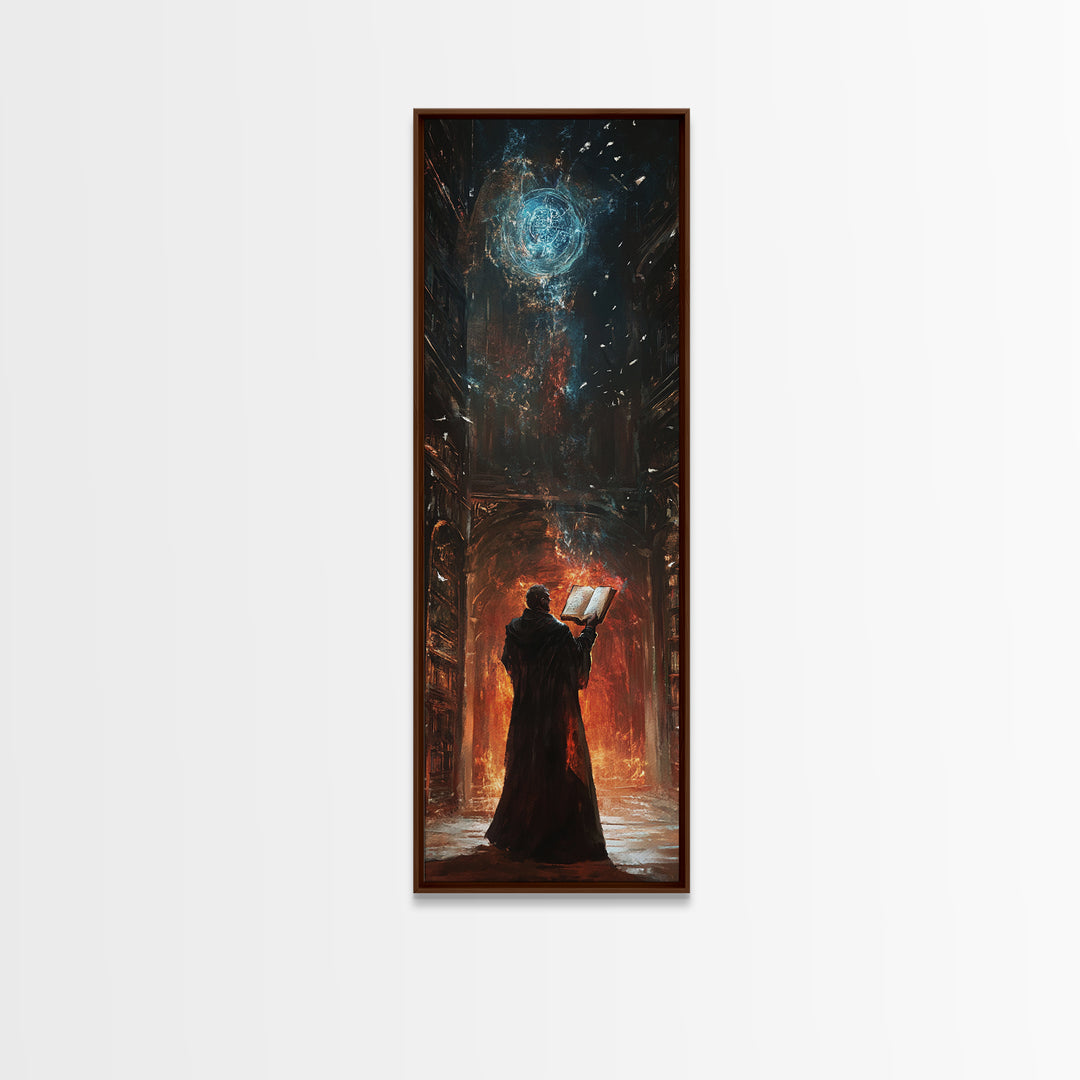 Wizard Reading Spellbook Under Celestial Orb Canvas Print, Dark Academia Fantasy Wall Art, Gothic Library Decor For Book Lovers