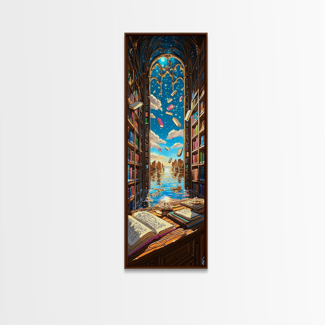 Sunlit Gothic Library Window Over Ocean Canvas Print, Bookish Wall Decor, Coastal Fantasy Art, Reading Nook Home Decor Gift