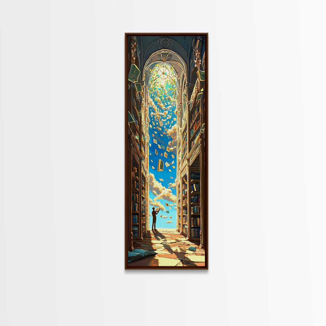 Golden Sky Library Arch With Falling Books Framed Canvas Print, Fantasy Bookish Wall Decor, Dark Academia Reading Gift Decor