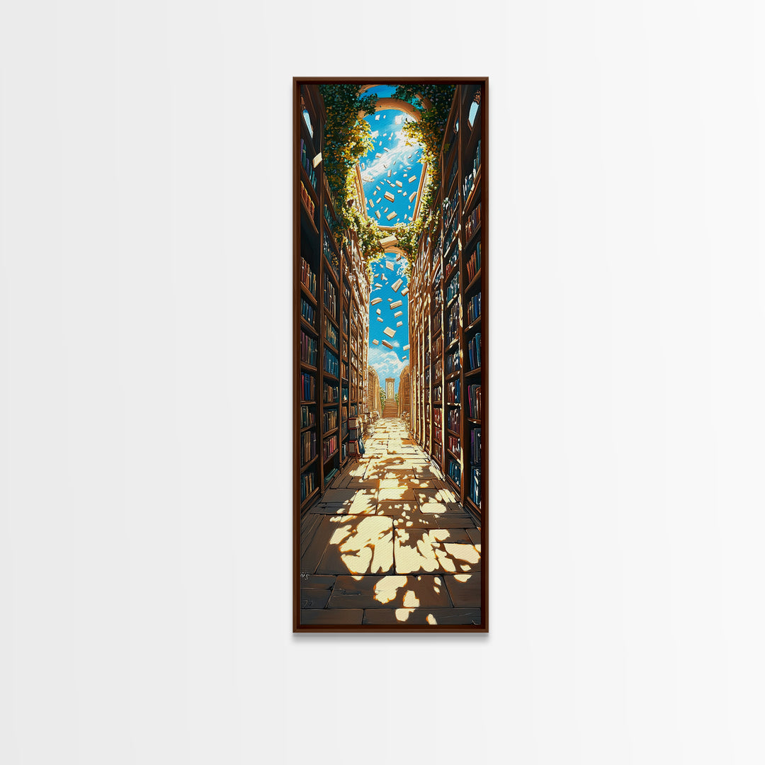 Sunlit Ivy Library Aisle With Floating Books Canvas Print, Bookish Wall Decor, Cozy Reading Nook, Fantasy Home Decor Gift