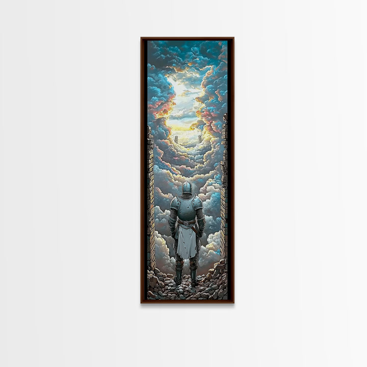 Armored Knight Before Radiant Cloud Portal Wall Art, Fantasy Castle Decor, Medieval Artwork, Inspirational Home Decor Gift