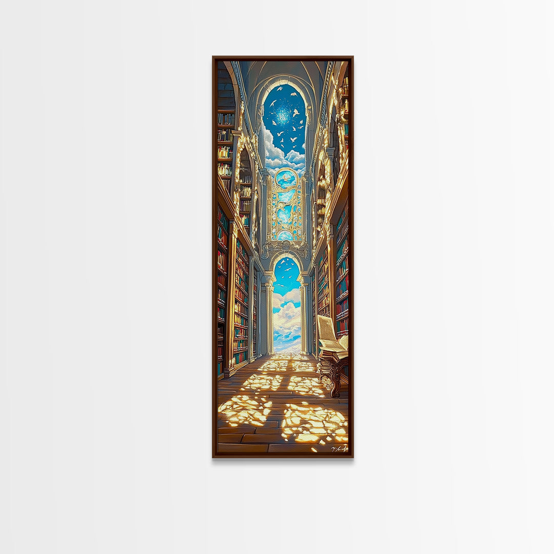 Grand Sunlit Library Hall With Celestial Blue Ceiling Framed Canvas Print, Bookish Wall Decor, Dark Academia Home Gift Decor