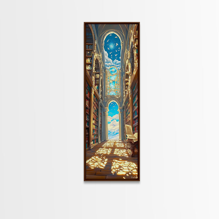 Grand Sunlit Library Hall With Celestial Blue Ceiling Framed Canvas Print, Bookish Wall Decor, Dark Academia Home Gift Decor