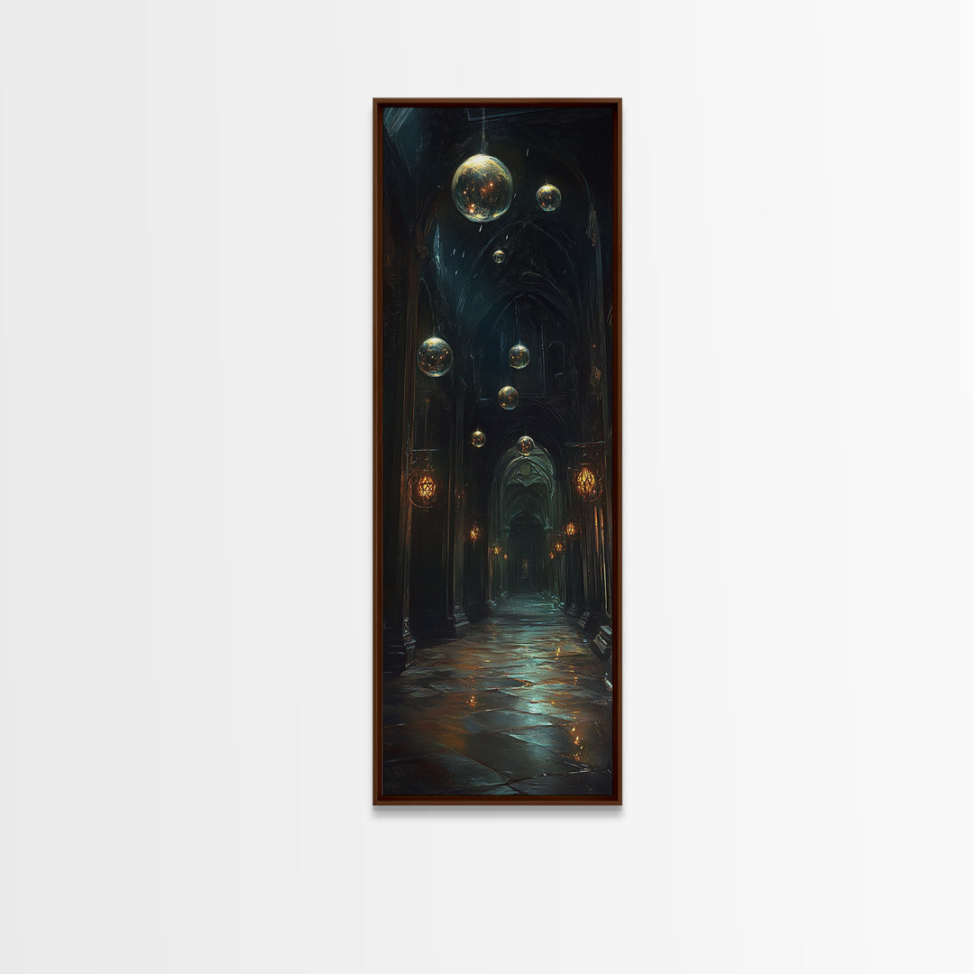 Dark Gothic Hall With Floating Celestial Orbs Canvas Print, Moody Wall Decor, Dark Academia Art, Fantasy Home Gift Office Decor