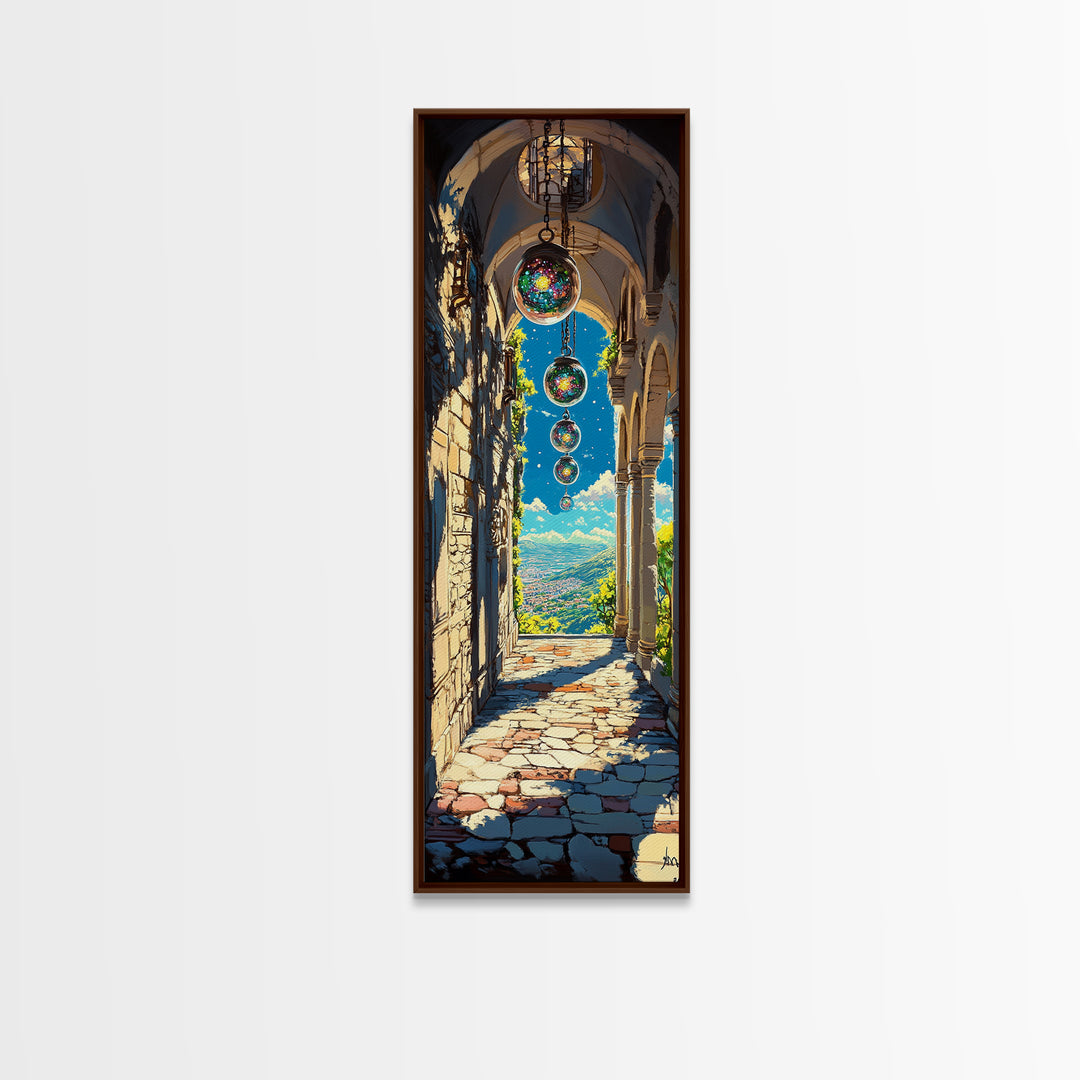 Sunlit Stone Archway With Floating Orbs, Mountain Valley Wall Art, Fantasy Landscape Canvas, Mediterranean Home Decor Print