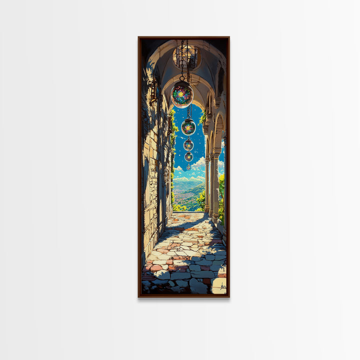 Sunlit Stone Archway With Floating Orbs, Mountain Valley Wall Art, Fantasy Landscape Canvas, Mediterranean Home Decor Print