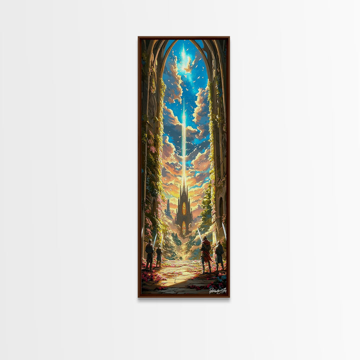 Celestial Cathedral Portal With Radiant Sky Beam Canvas Print, Fantasy Castle Wall Art, Magical Landscape Home Decor Gift For Her