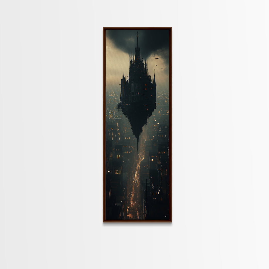 Dark Floating Citadel Above Dystopian City Wall Art, Gothic Castle Canvas Print, Sci Fi Fantasy Office Decor Gift For Him