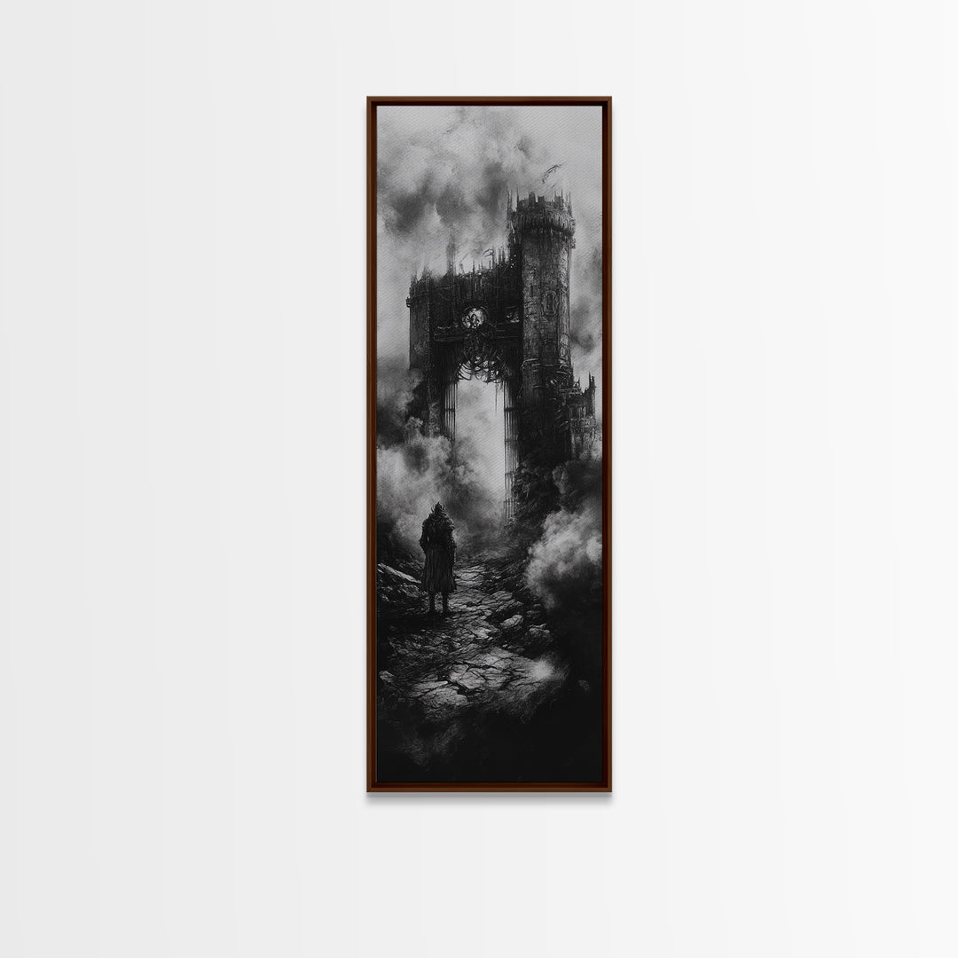 Black And White Gothic Ruin With Lone Wanderer Wall Art, Dark Academia Canvas Print, Moody Castle Home Decor Gift For Him