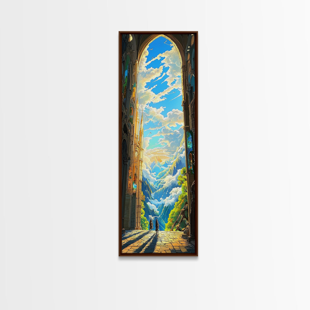 Golden Cathedral Arch Opening To Alpine Mountains Framed Canvas Print, Fantasy Landscape Wall Art, Bright Home Decor Gift
