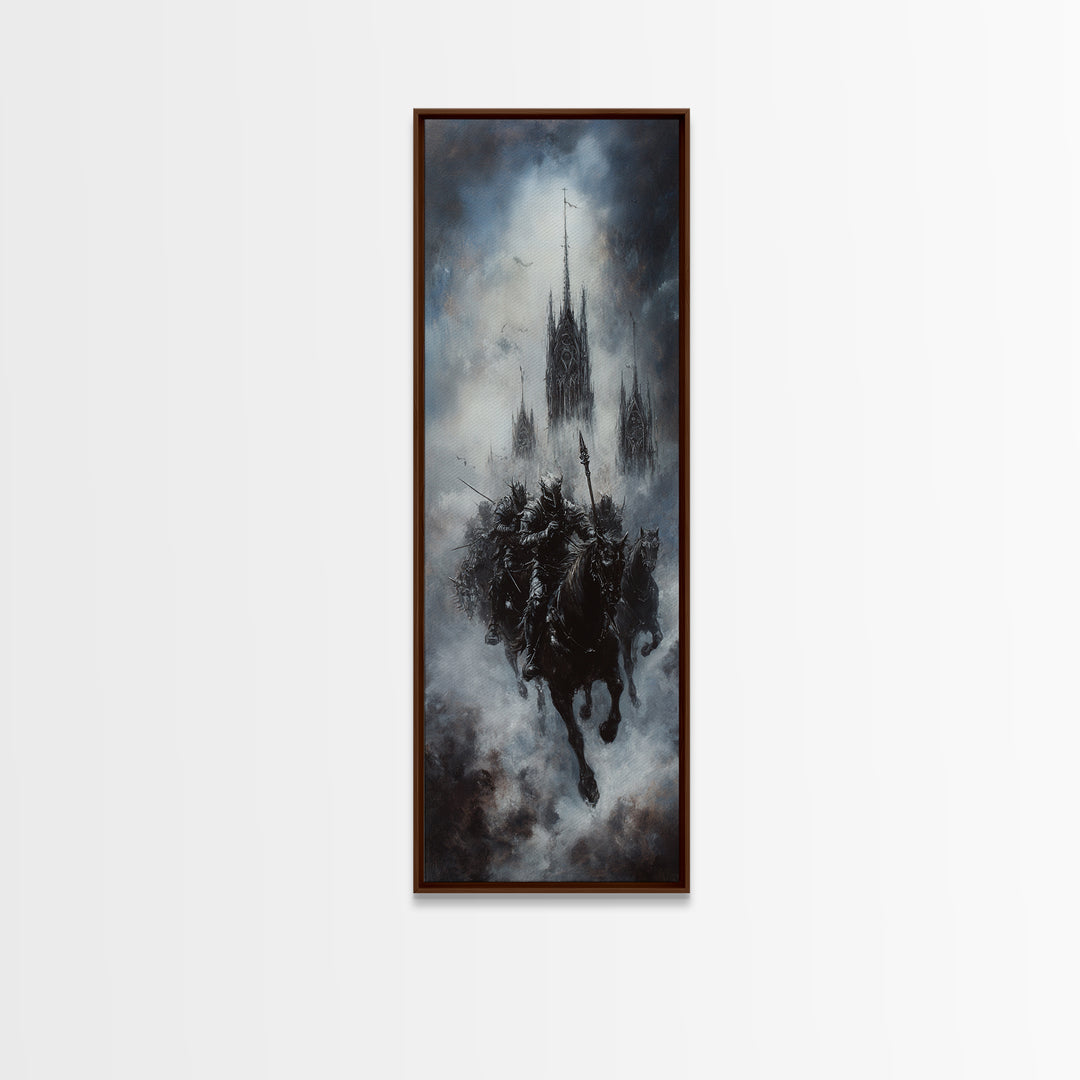 Gothic Floating Citadel And Shadow Knight Wall Art, Dark Fantasy Print, Black And White Art, Moody Medieval Decor For Living Room