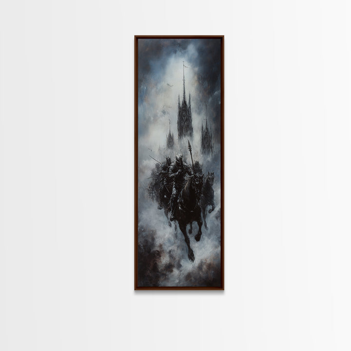 Gothic Floating Citadel And Shadow Knight Wall Art, Dark Fantasy Print, Black And White Art, Moody Medieval Decor For Living Room