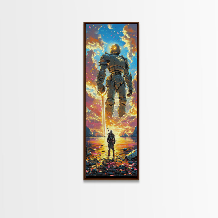 Golden Armored Colossus And Lone Warrior Framed Canvas Print, Epic Fantasy Wall Art, Vibrant Sunset Gaming Room Wall Decor