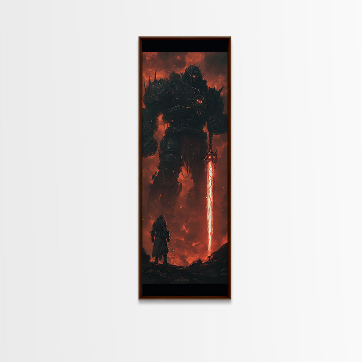 Dark Fire Titan With Crimson Sword Canvas Print, Epic Fantasy Wall Art, Demon Warrior Art Print, Gothic Gaming Room Decor