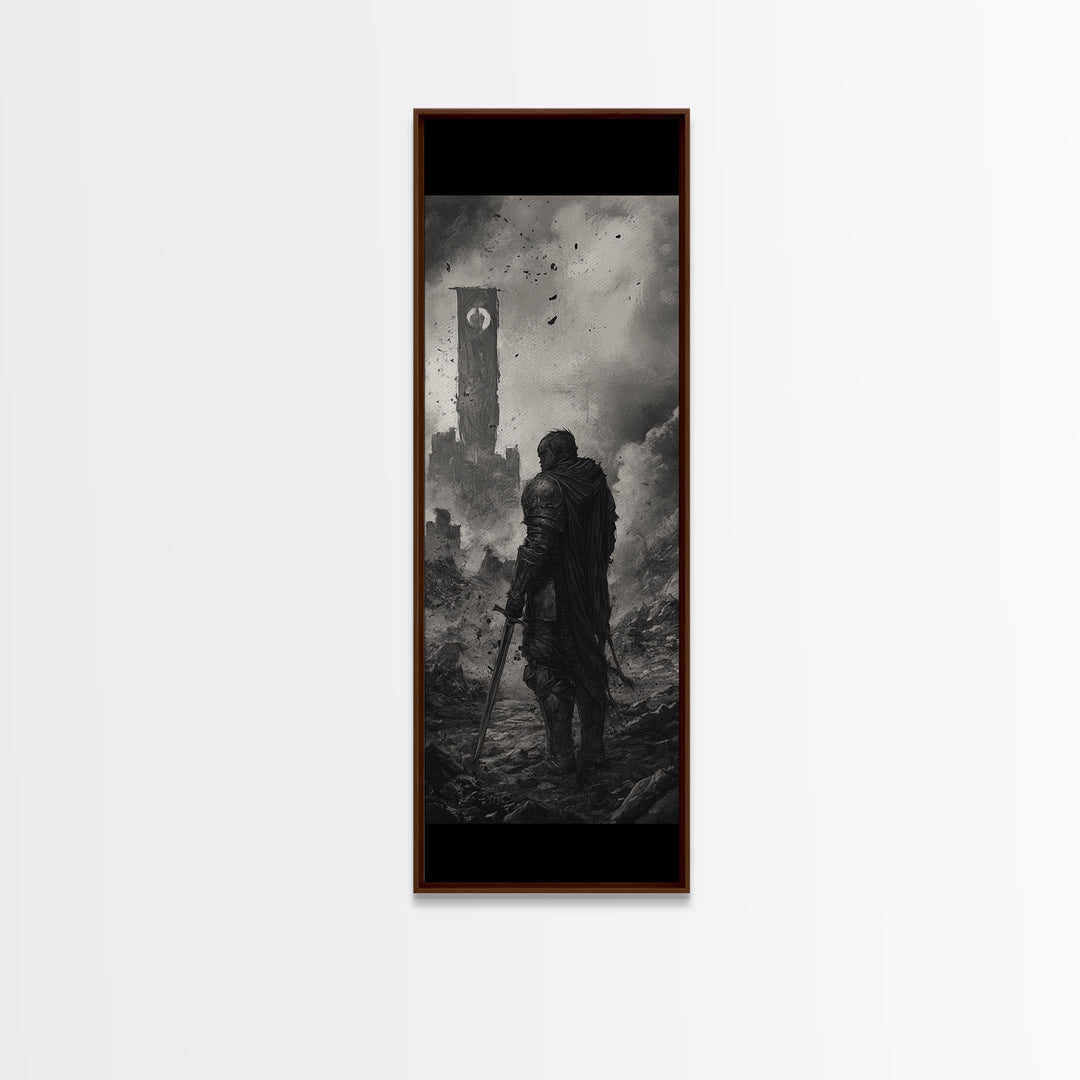Black And White Lone Knight Near Ruined Tower Wall Art, Dark Fantasy Print, Medieval Landscape, Gothic Office Wall Decor