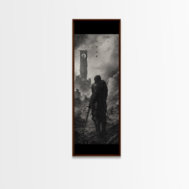 Black And White Lone Knight Near Ruined Tower Wall Art, Dark Fantasy Print, Medieval Landscape, Gothic Office Wall Decor