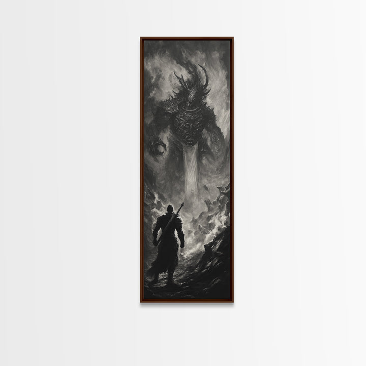 Monochrome Horned Demon Facing Warrior Framed Canvas Print, Dark Fantasy Wall Art, Gothic Black And White Art Decor For Office