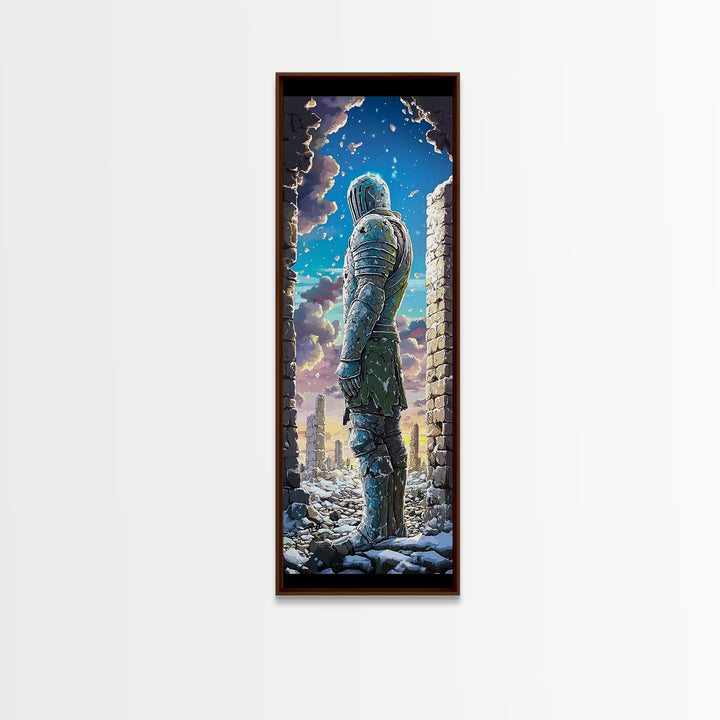 Snowy Armored Knight In Ruined Stone Gate Canvas Print, Fantasy Wall Art, Blue Winter Landscape, Medieval Home Wall Decor