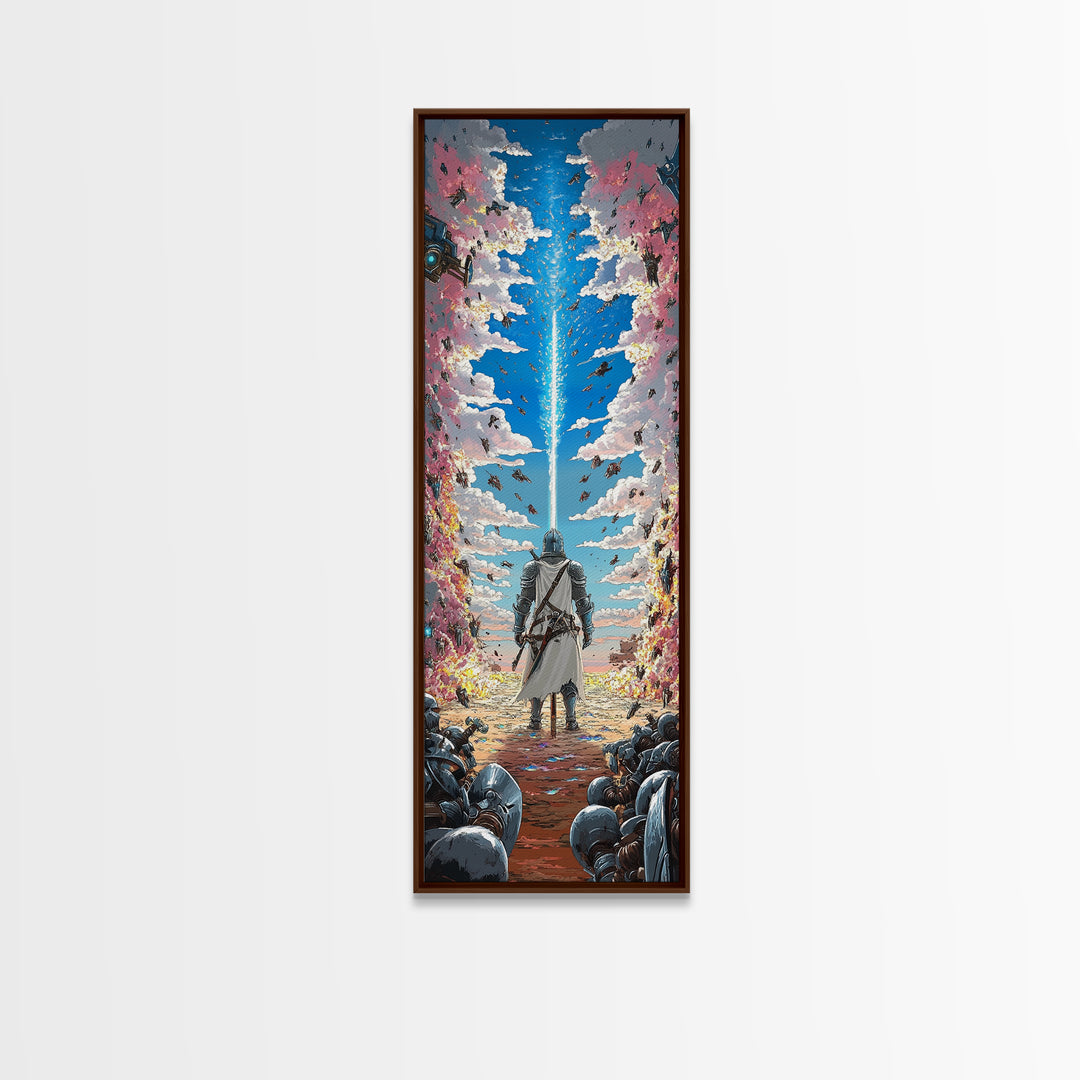 Silver Knight Beneath Celestial Blue Beam Wall Art, Epic Fantasy Print, Cherry Blossom Sky, Vibrant Gaming Room Wall Decor
