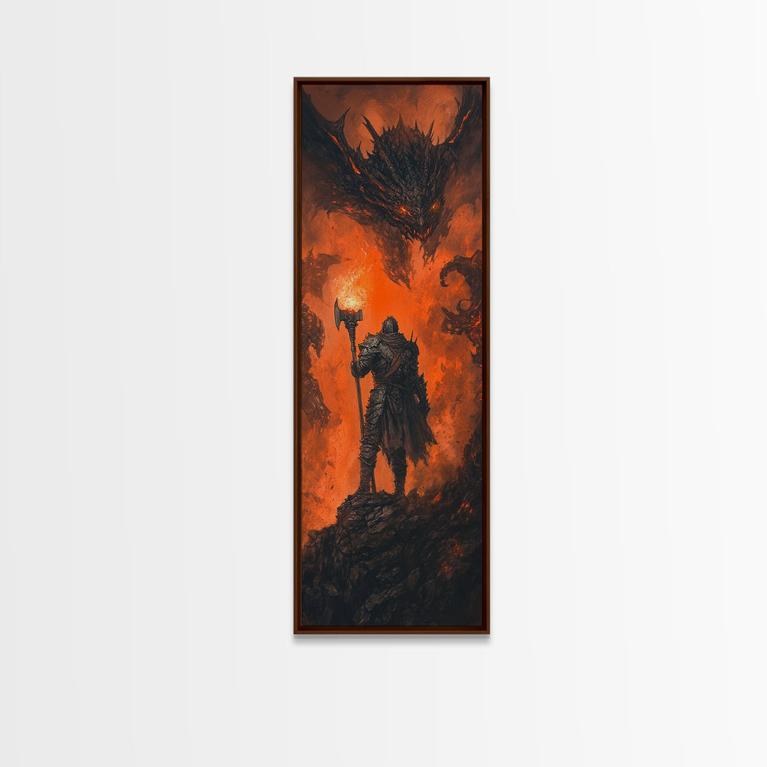 Torch Bearing Warrior Facing Dragon Canvas Print, Dark Fantasy Wall Art, Fire Dragon Art, Gothic Medieval Gaming Room Decor
