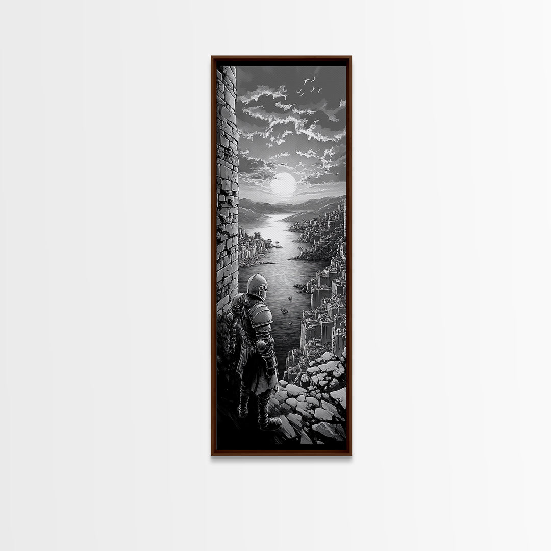 Black And White Knight Over Coastal City Wall Art, Medieval Seascape Print, Gothic Landscape, Fantasy Living Room Wall Decor