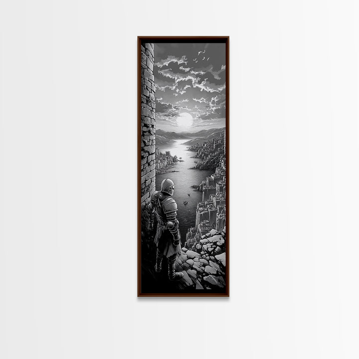Black And White Knight Over Coastal City Wall Art, Medieval Seascape Print, Gothic Landscape, Fantasy Living Room Wall Decor
