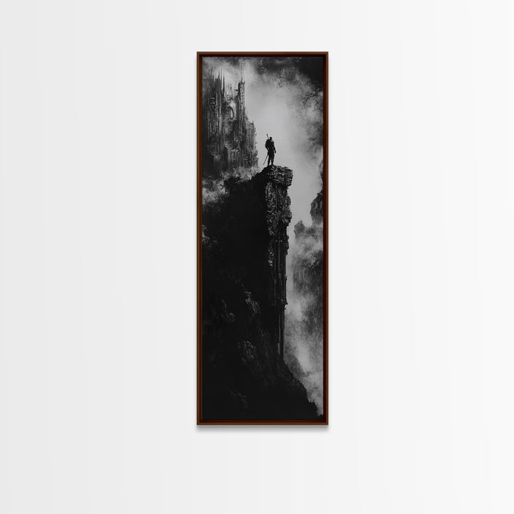 Lone Warrior On Gothic Cliff Wall Art, Dark Fantasy Castle Print, Black And White Canvas, Moody Medieval Decor, Fantasy Gift For Him