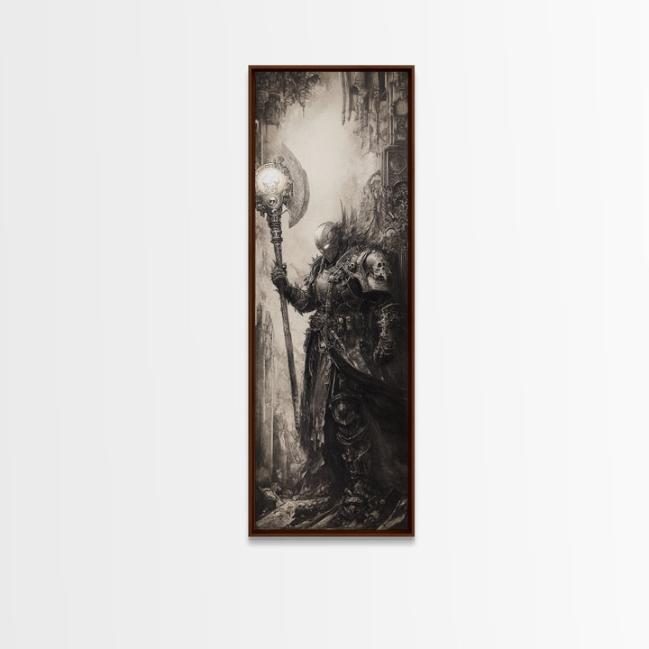 Armored Knight With Glowing Axe Framed Canvas Print, Gothic Fantasy Wall Art, Black And White Medieval Office Decor, Gift For Him