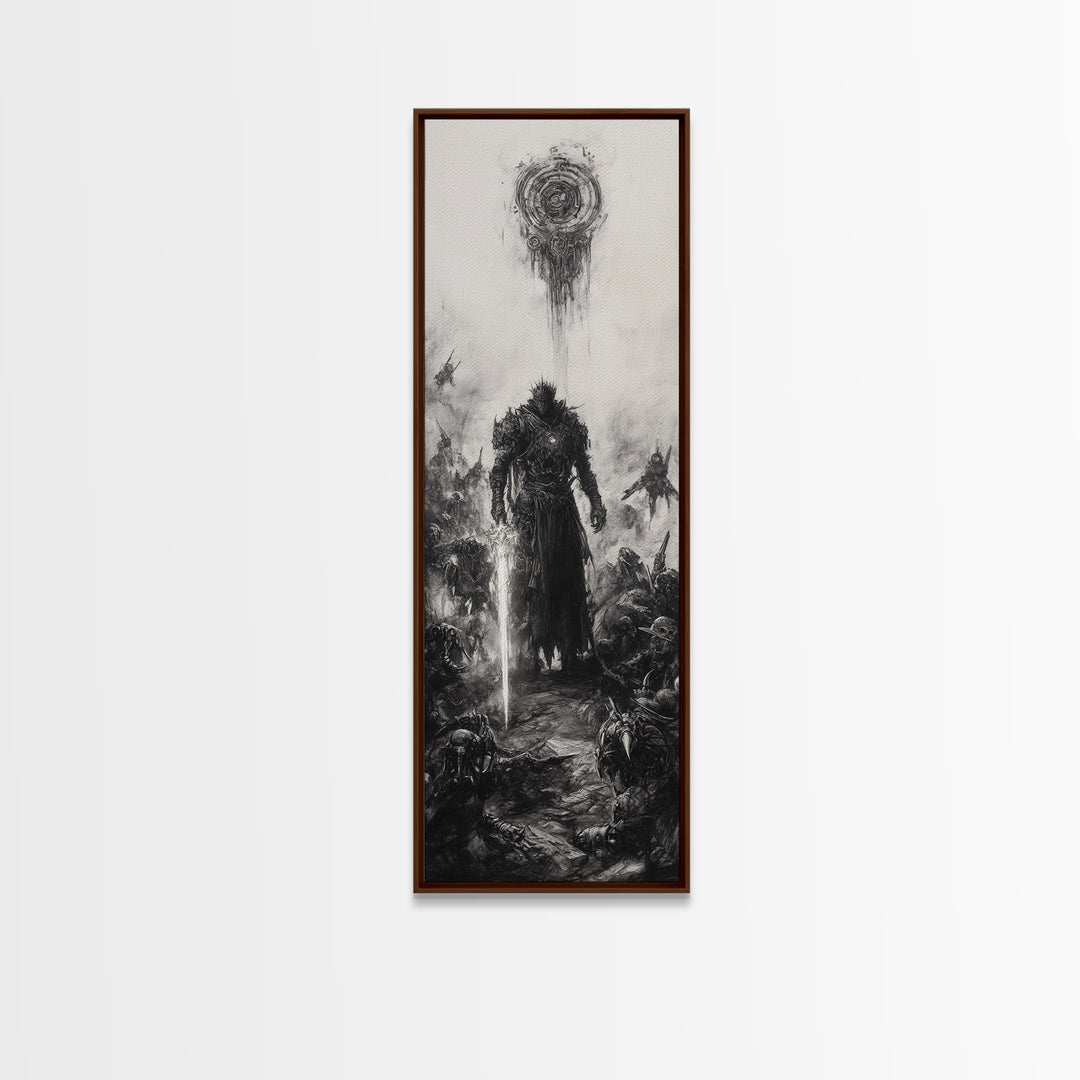 Dark Spiked Warrior Battlefield Wall Art, Gothic Fantasy Canvas Print, Black And White Surreal Art, Medieval Game Room Decor