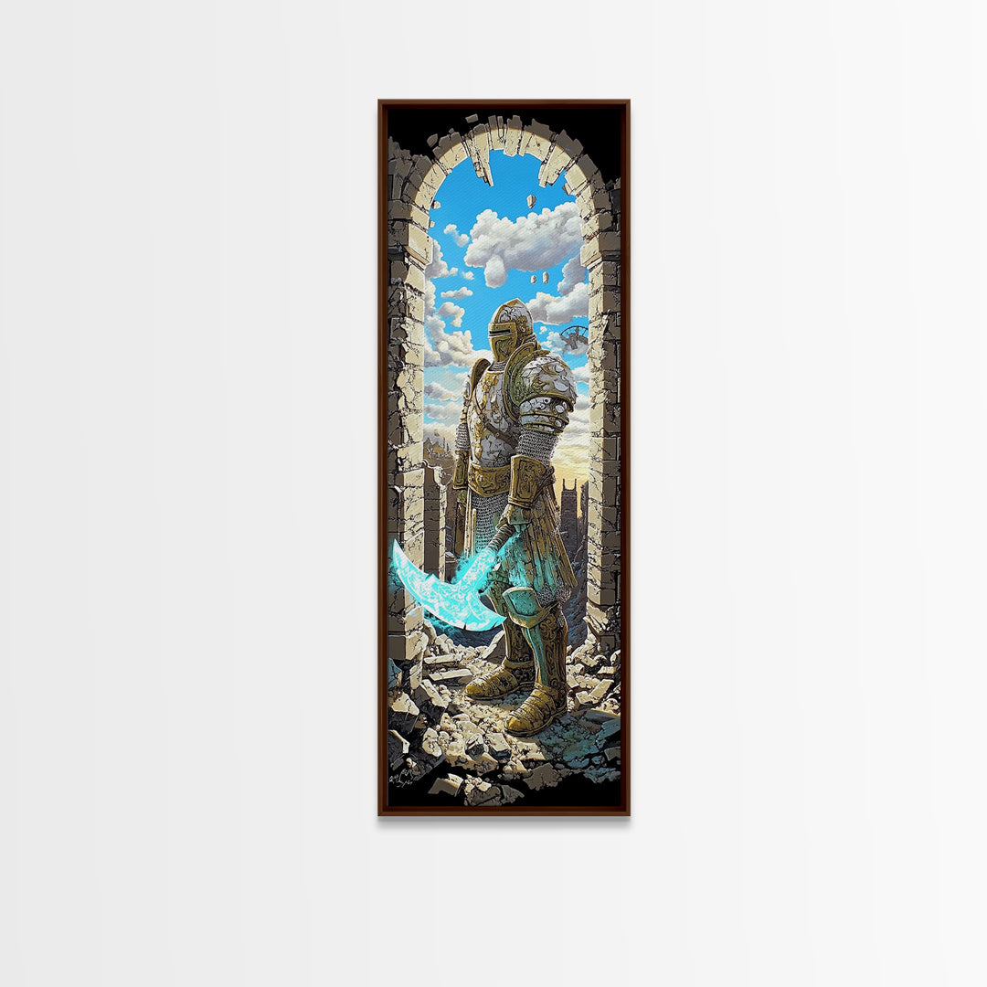 Golden Armored Knight In Ruined Arch Wall Art, Pixel Fantasy Canvas Print, Turquoise Sword Medieval Gamer Room Decor Gift