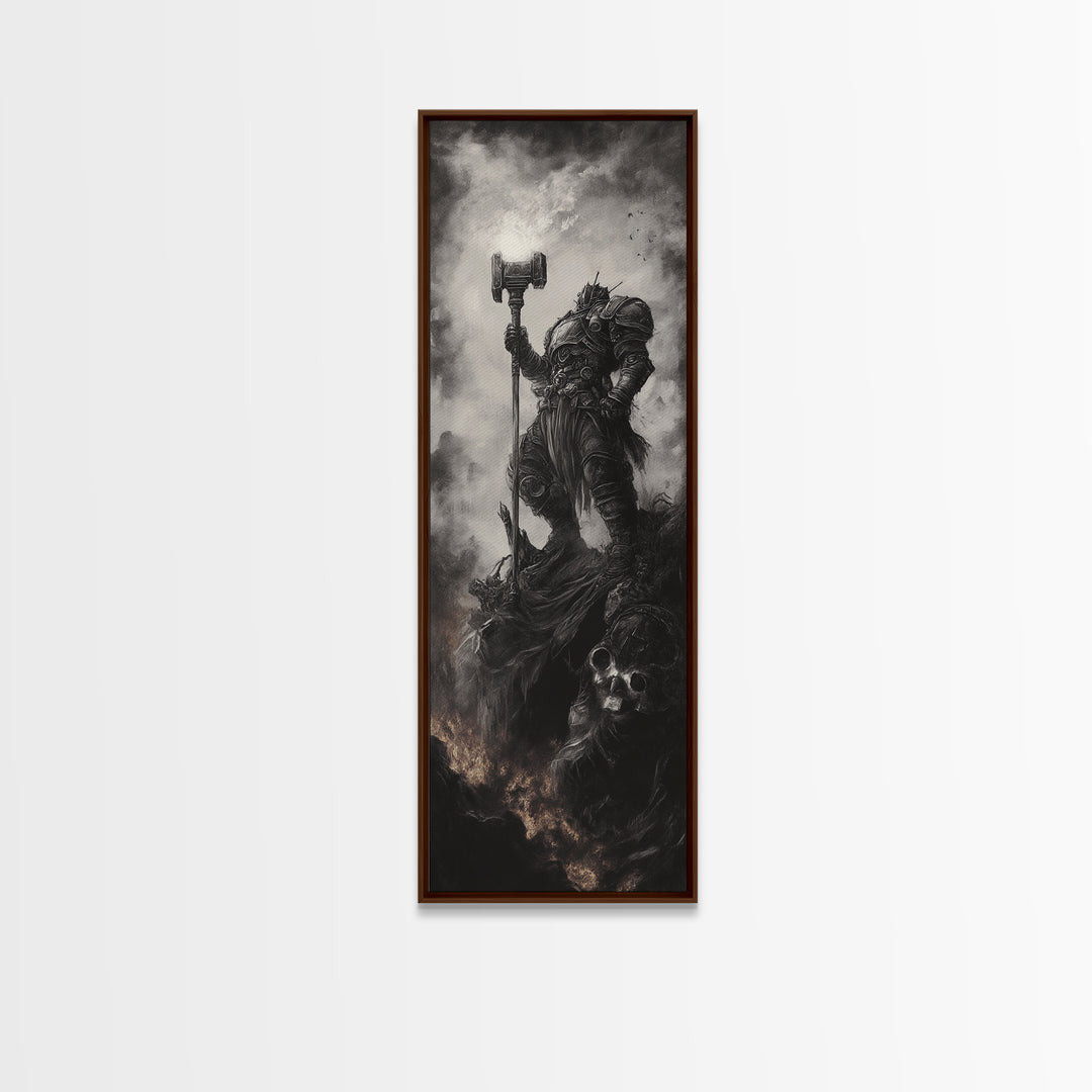 Dread Warrior With Hammer Wall Art, Dark Fantasy Canvas Print, Gothic Skull Decor, Black And White Medieval Gift For Him