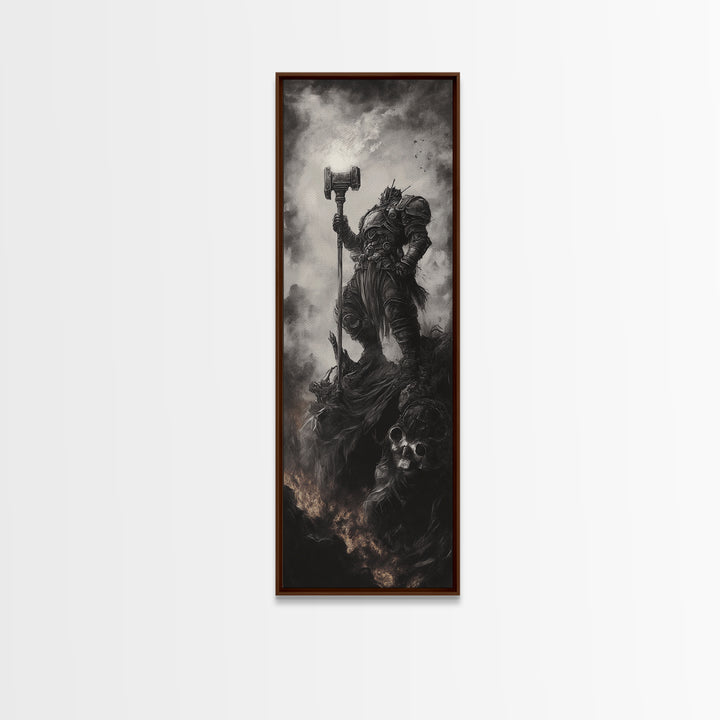 Dread Warrior With Hammer Wall Art, Dark Fantasy Canvas Print, Gothic Skull Decor, Black And White Medieval Gift For Him