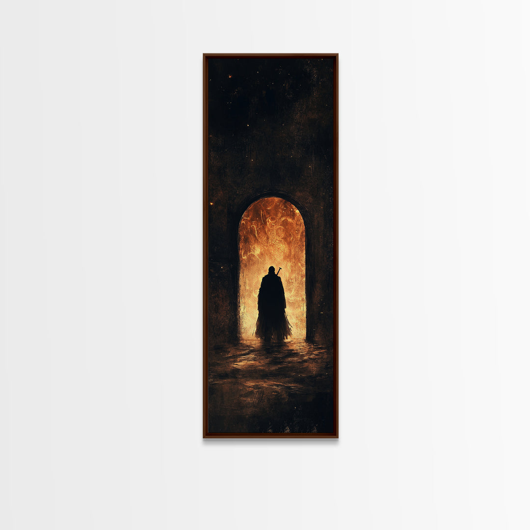 Cloaked Figure Before Fiery Portal Wall Art, Dark Fantasy Canvas Print, Gothic Arch Decor, Moody Surreal Art Gift For Him