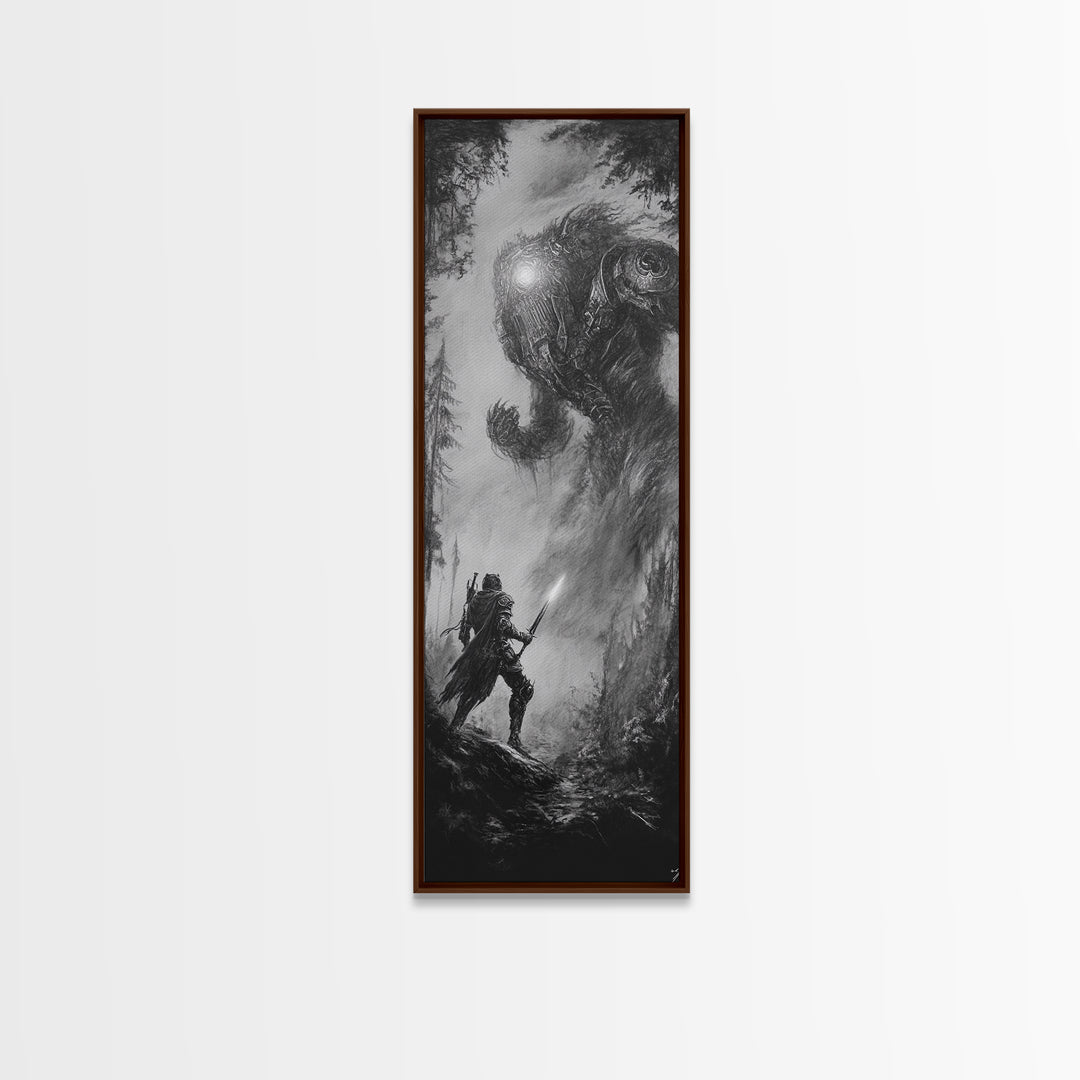 Warrior Facing Forest Giant Wall Art, Black And White Fantasy Canvas Print, Dark Surreal Creature Decor, Gothic Gift For Him