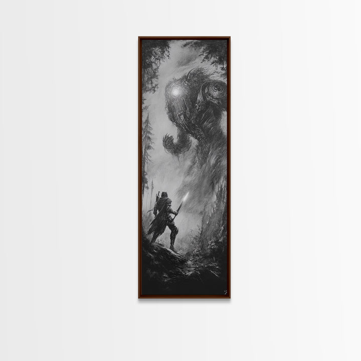 Warrior Facing Forest Giant Wall Art, Black And White Fantasy Canvas Print, Dark Surreal Creature Decor, Gothic Gift For Him