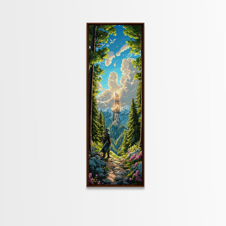 Knight In Sunlit Forest Tower Wall Art, Fantasy Landscape Canvas, Medieval Adventure Decor, Epic Mountain Living Room Print