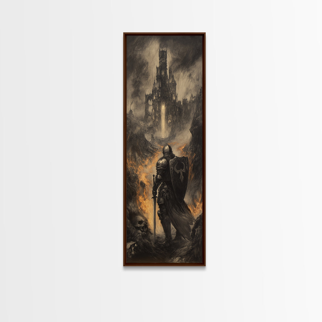 Dark Knight Before Burning Citadel Wall Art, Gothic Fantasy Print, Medieval Castle Decor, Moody Black And White Canvas Art